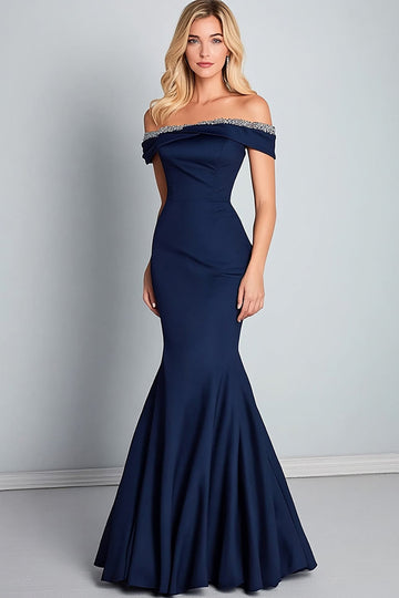 Navy Satin Off The Shoulder Long Mermaid Formal Dress with Beading